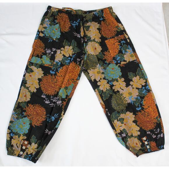 New Boho Floral Elastic Waist Pants Plus Size XXL Black Chrysanthemum Joggers - Picture 2 of 2